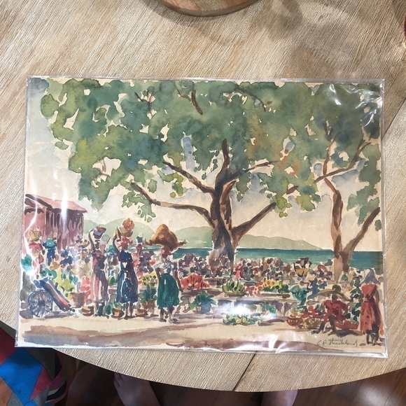 VINTAGE 1950s watercolor of ladies in food picnic area, signed - Picture 7 of 7